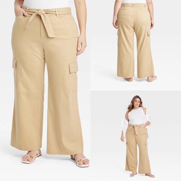 Size 16 - Womens High-Rise Wide Leg Cargo Pants - AvaViv - Tan - Picture 1 of 6